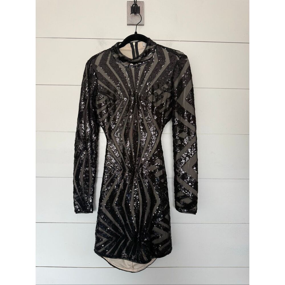 J.our Women’s Medium Black Nude Sequin Bodycon Sequin Dress Longsleeve Open Back
